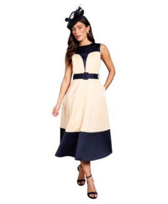 Women's Colour Block Crepe Belted Midi Dress