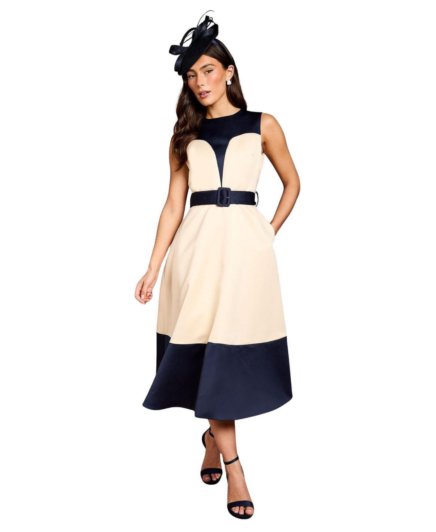 Women's Colour Block Crepe Belted Midi Dress