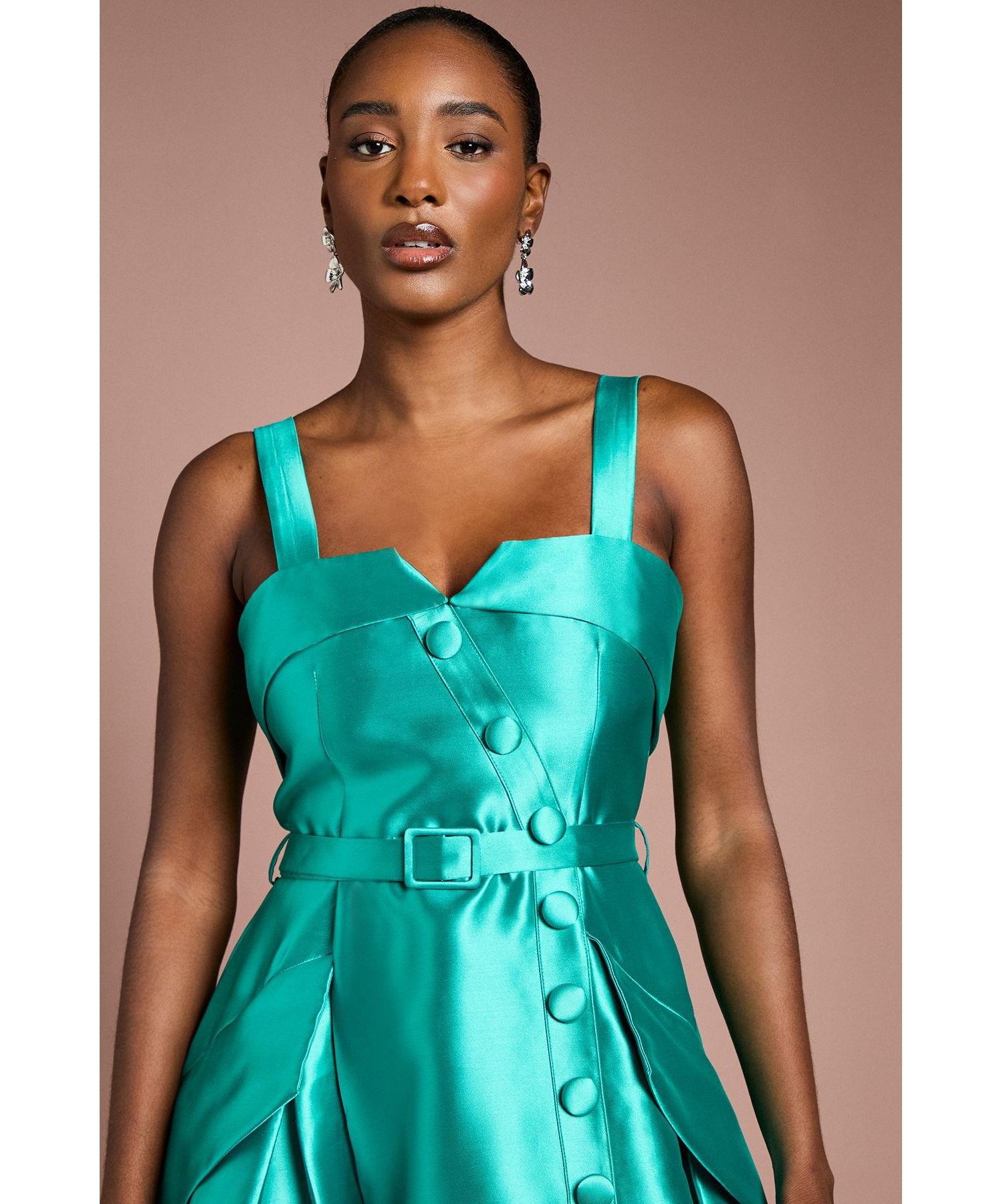 Women's Button-Trim Belted Full Skirt Midi Dress