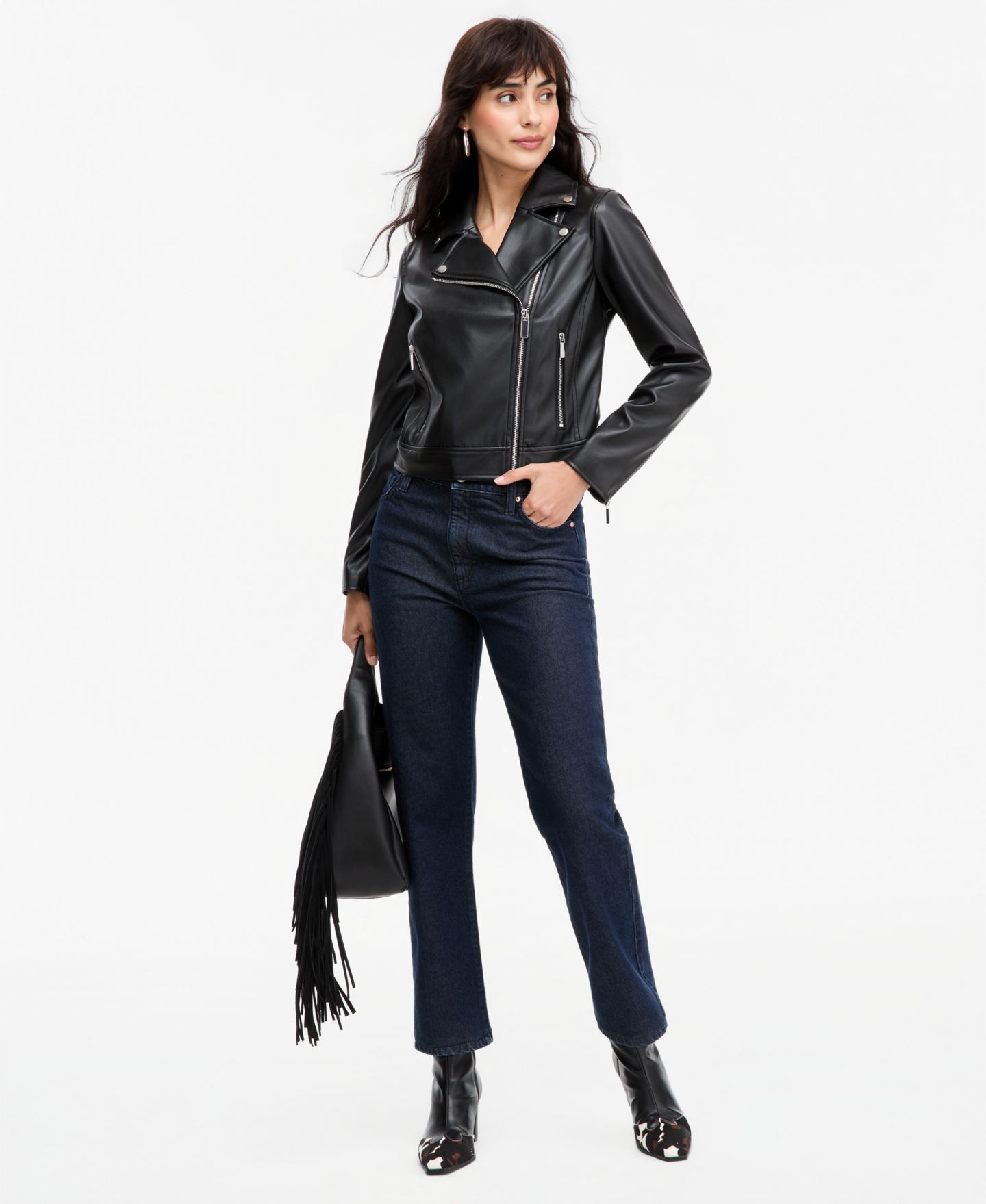 Женская куртка I.N.C. International Concepts Faux-Leather Moto, цвет: Глубокий чёрный — фото 4