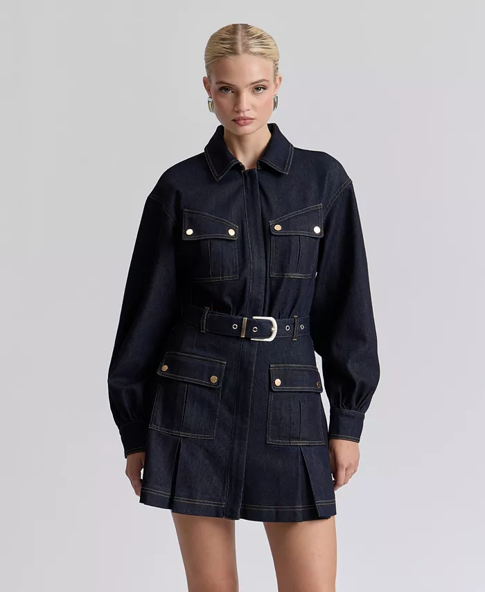 Women's Stretch Denim Belted Cargo Mini Dress - thumbnail 2