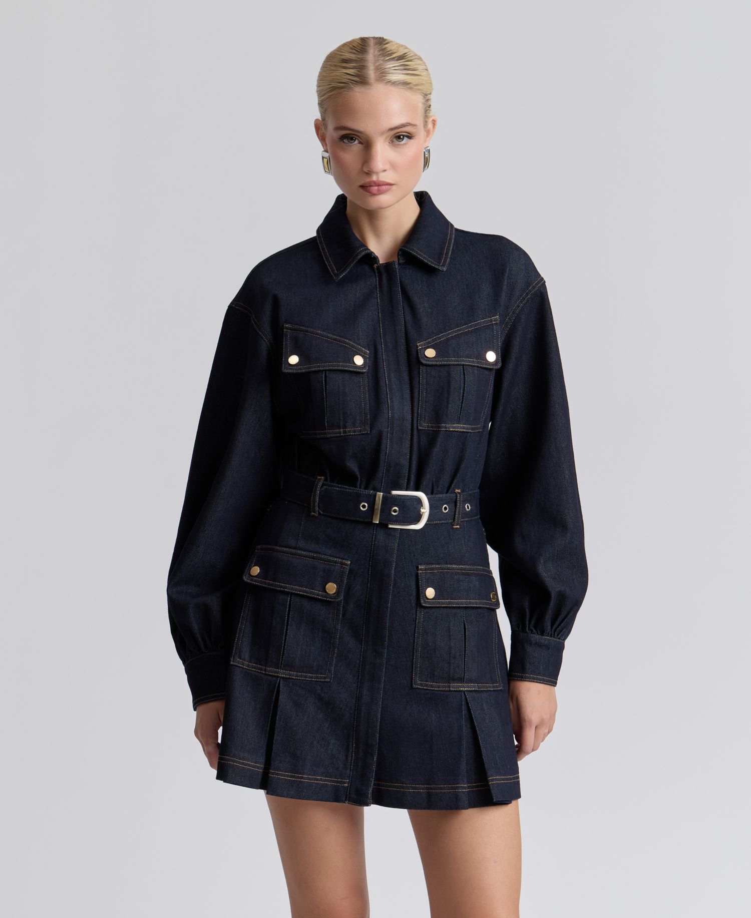 Women's Stretch Denim Belted Cargo Mini Dress