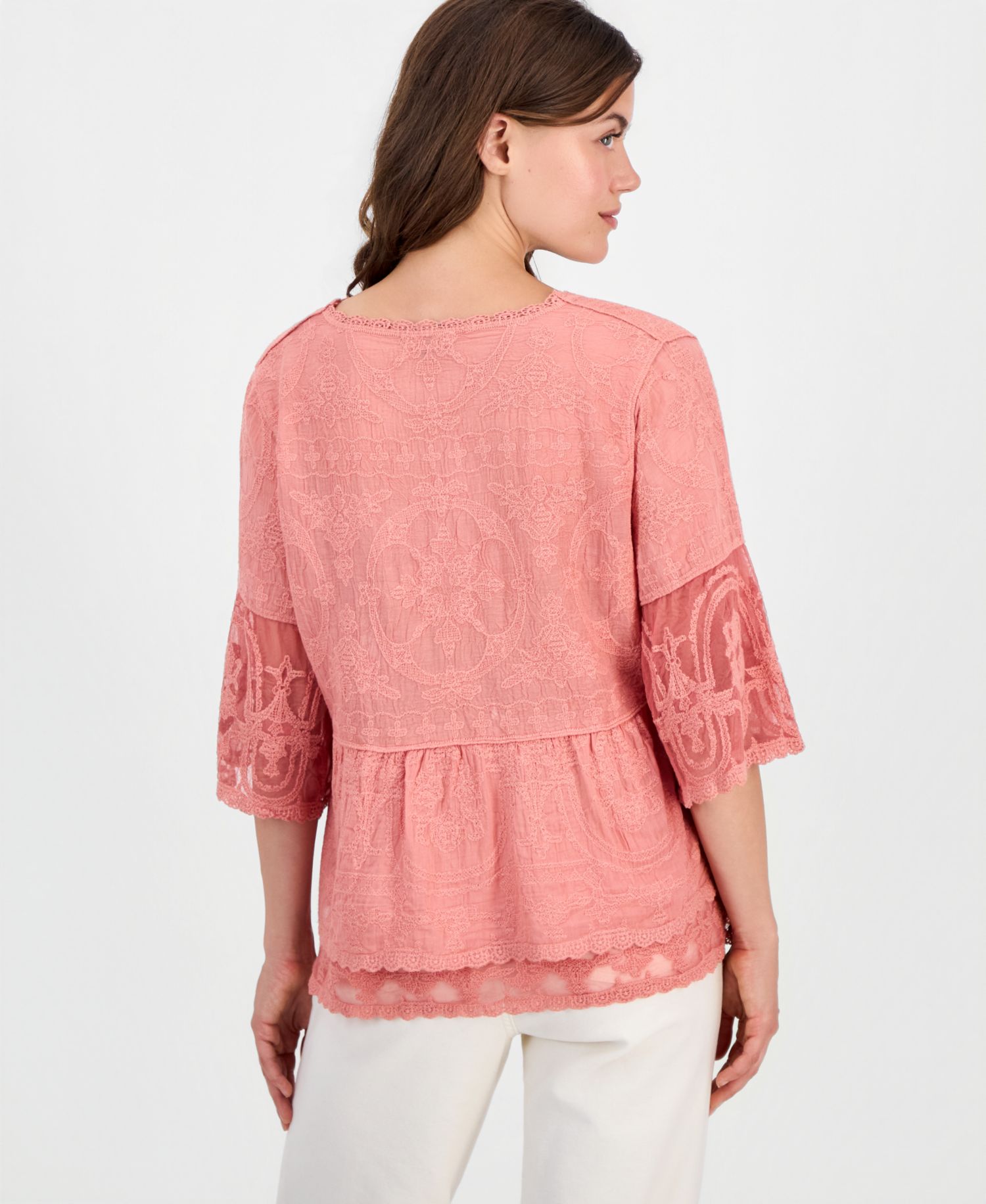 Petite 3-4 Bell Sleeve Lace Peplum Top