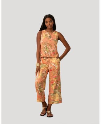 Women's Printed Linen Blend Button Front Top and Pull On Crop Pant