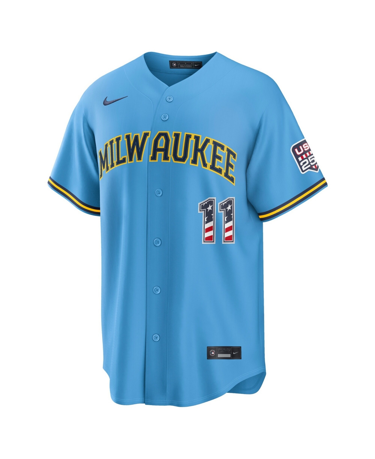 Nike Men's Jackson Chourio Light Blue Milwaukee Brewers Usa 250 Fourth of July Stadium Jersey