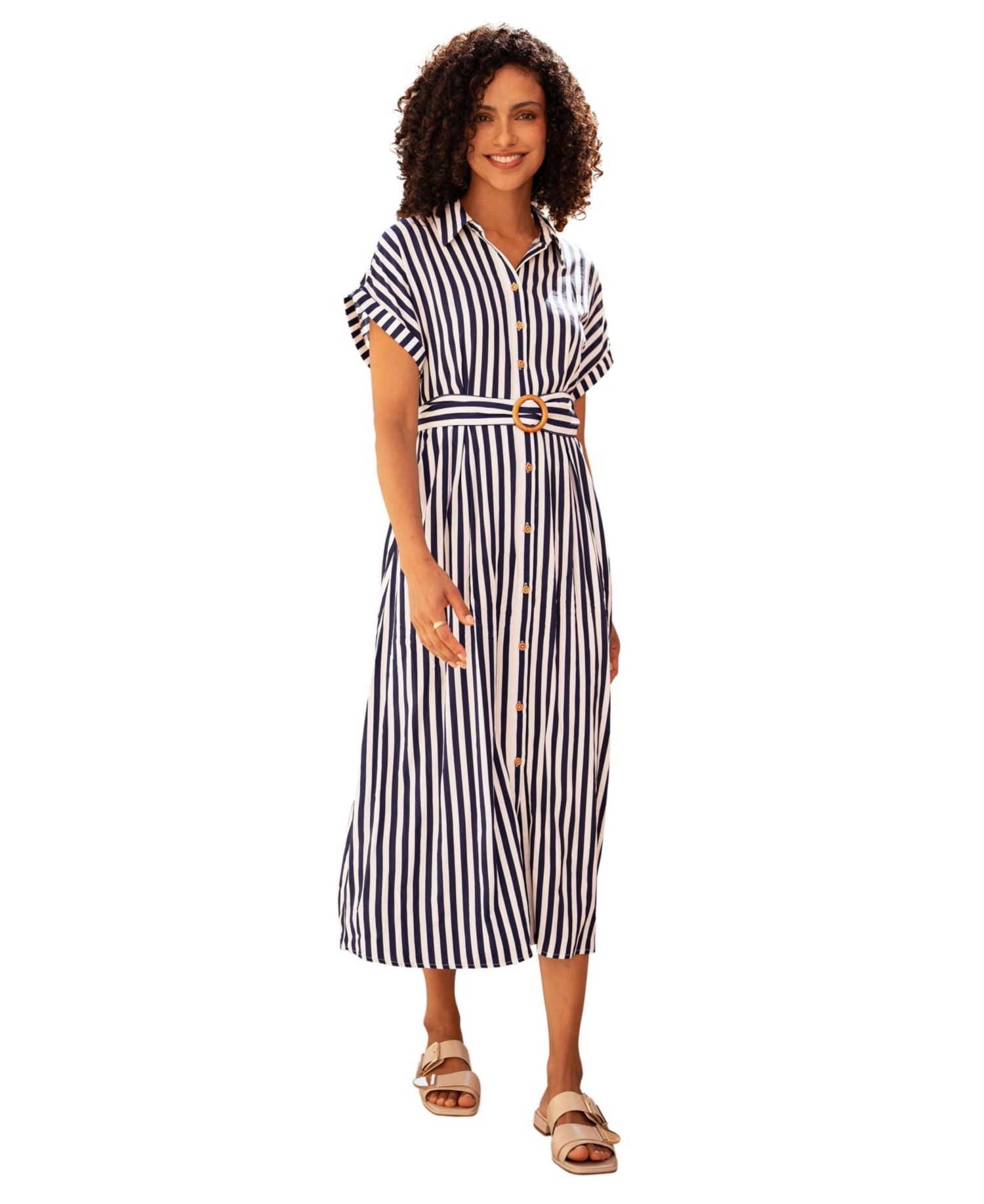 Women's Stripe Print Belted Midi Shirt Dress