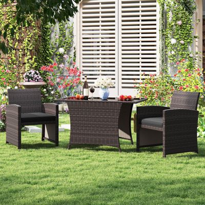 3 Piece Wicker Bistro Set Balcony Furniture Set with Tempered Glass Dining Table
