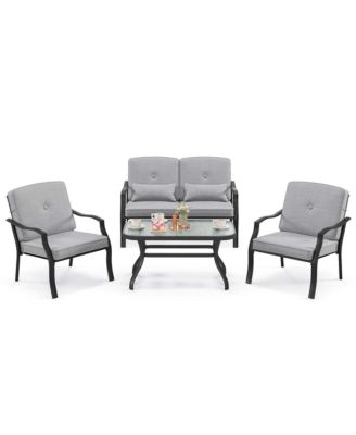 4 Piece Patio Furniture Set Outdoor Conversation Sofa Tempered Glass Coffee Table