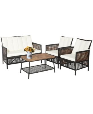 4Piece Patio Rattan Furniture Set Cushioned Chairs Wood Table Top With Shelf