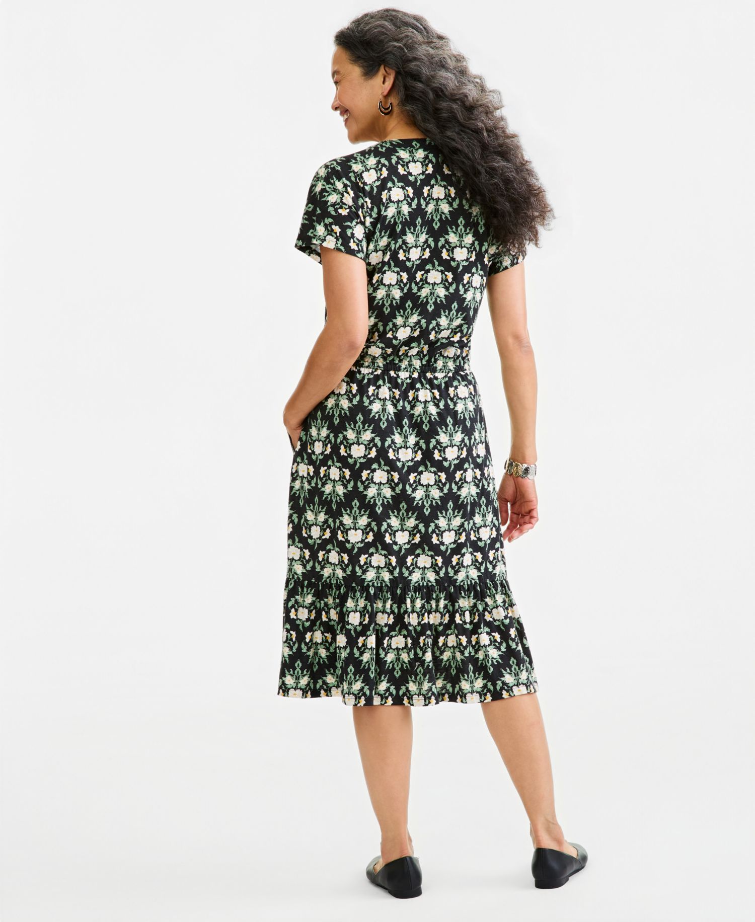 Women's Printed V-Neck Short-Sleeve Knit Midi Dress