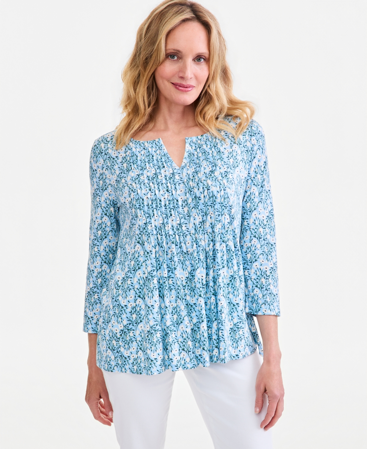Style & Co Women's Patterson Flora Floral 3/4 Sleeve Pintuck Blouse, Macy's Exclusive