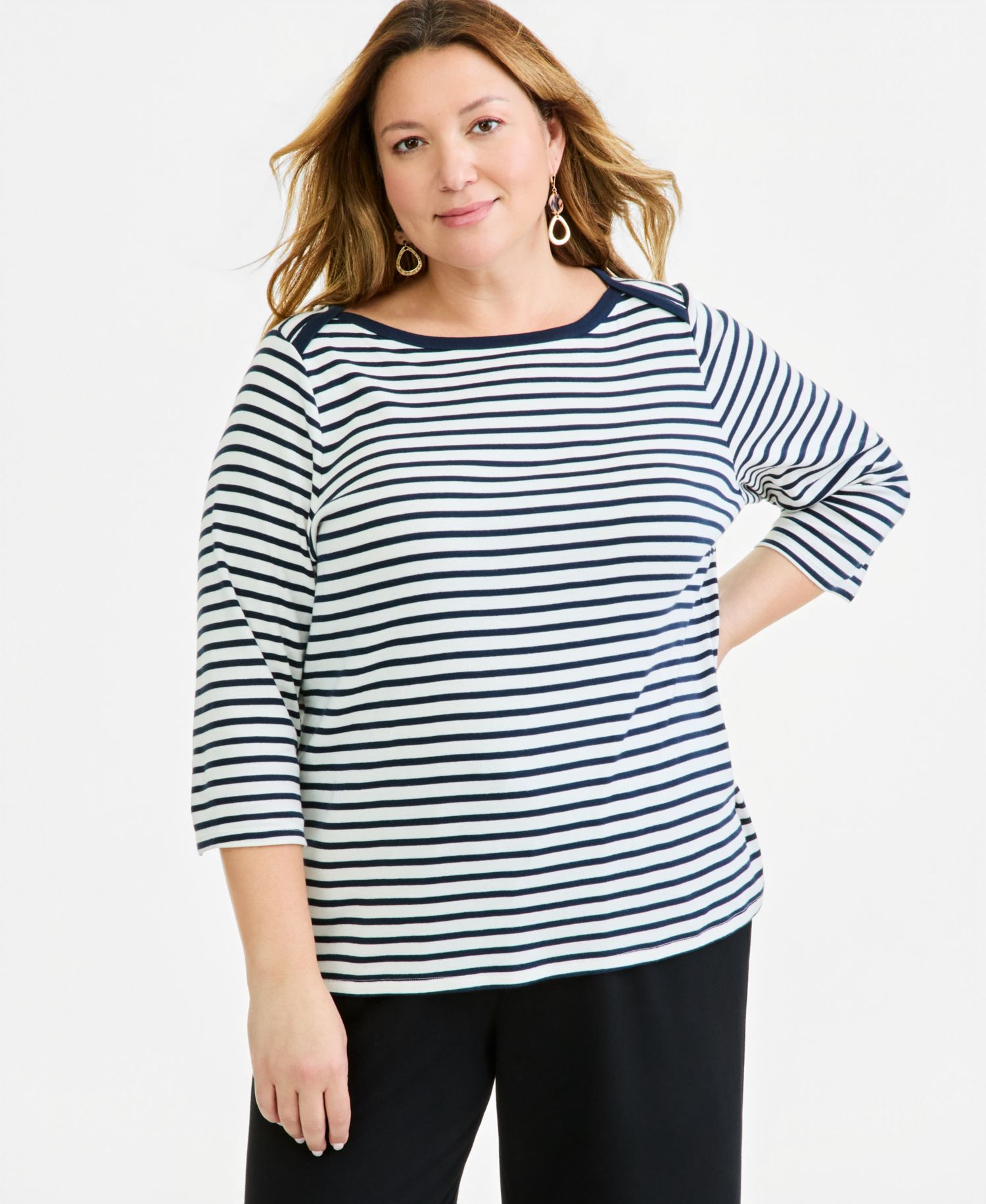 Plus Size Stripe 3/4 Sleeve Boat-Neck Top