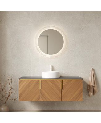 Floating Bathroom Vanity Cabinet with Ceramic Vessel Sink, Sintered Stone Countertop, Large Storage, Soft Close Doors