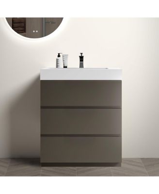 Modern Freestanding Bathroom Vanity with Stone Sink, Soft Close Drawers, Handle-Free Storage Cabinet, Pre-assembled