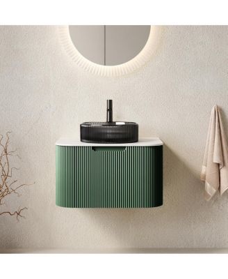 Wall-Mounted Bathroom Vanity with Crystal Glass Sink, Sintered Stone Top, Soft Close Drawer, Pre-Assembled Green Stripe Cabinet