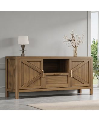 Farmhouse 65 Inch TV Stand, Engineered Wood Entertainment Center with Gold Metal Handles, Multi-Storage Rustic Media Console