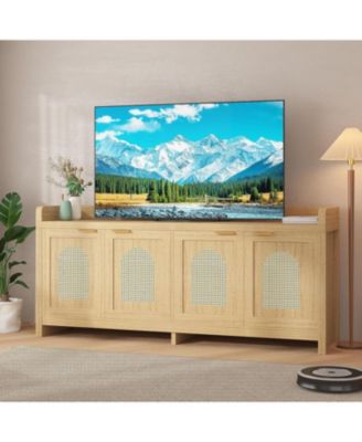 Modern Rattan TV Stand Entertainment Center with Glass Doors - for TVs Up to 65 Inch, 61.5inch Storage Console Cabinet for Living Room