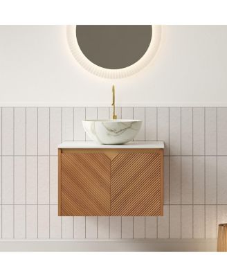 Floating Bathroom Vanity with Ceramic Vessel Sink, Carrara Sintered Stone Top, Solid Wood Door, Twill Metal Trim