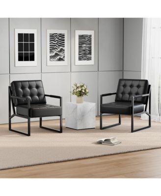 Set of 2 Mid-Century Modern Accent Chair, PU Leather Armchair with Thick Cushion, Metal Frame, for Living Room, Bedroom, Office, Reception