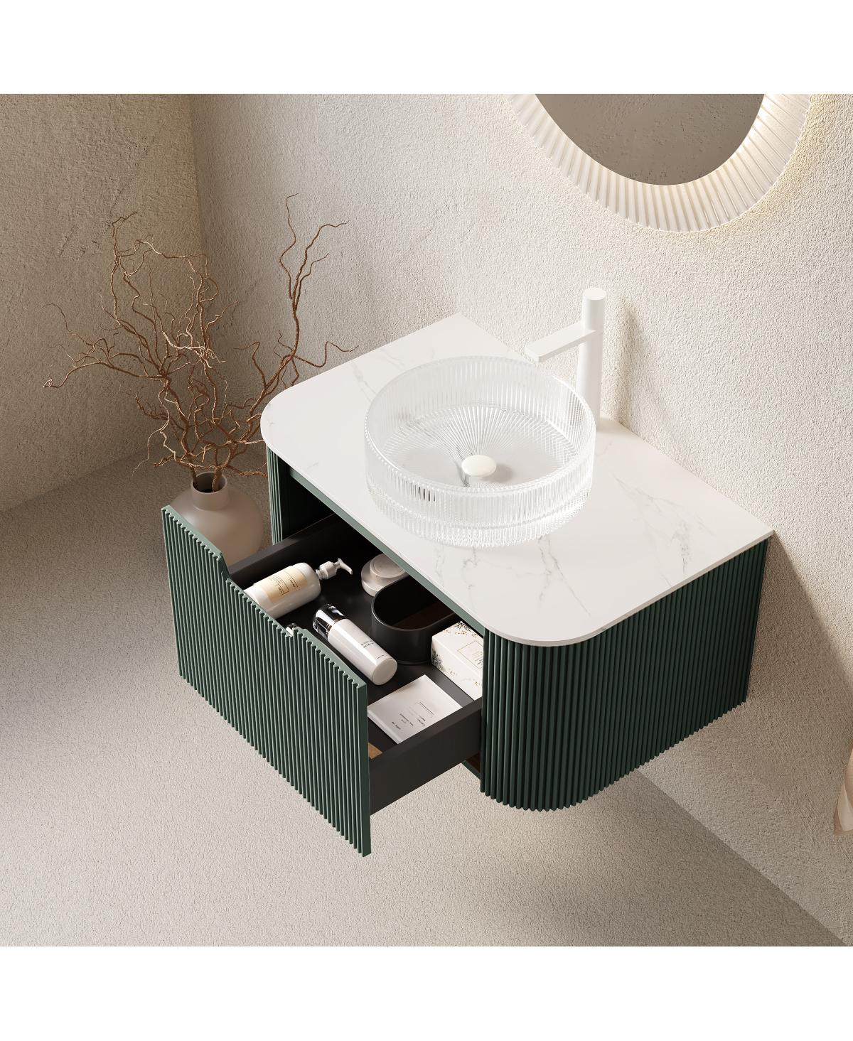 Sillysis Wall-Mounted Bathroom Vanity with Crystal Glass Sink, Sintered Stone Top, Soft Close Drawer