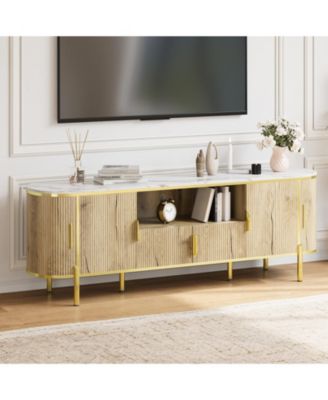 Modern Luxury 70" Four-Door TV Stand, Wave Design, Imitation Marble Top, Metal Accents, Adjustable Shelves