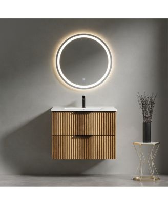 Wall Mounted Bathroom Vanity with 3D Fluted Drawer, Integrated Ceramic Sink, Modern Floating Cabinet for Small Spaces