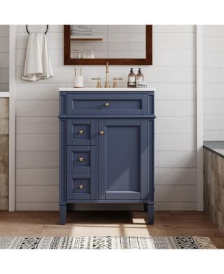 24" French Bathroom Vanity with Ceramic Sink, Modern Freestanding Cabinet, Soft Close Storage Drawers, Adjustable Shelf
