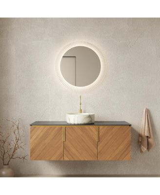 Floating Bathroom Vanity Cabinet with Ceramic Vessel Sink, Sintered Stone Countertop, Large Storage, Soft Close Doors