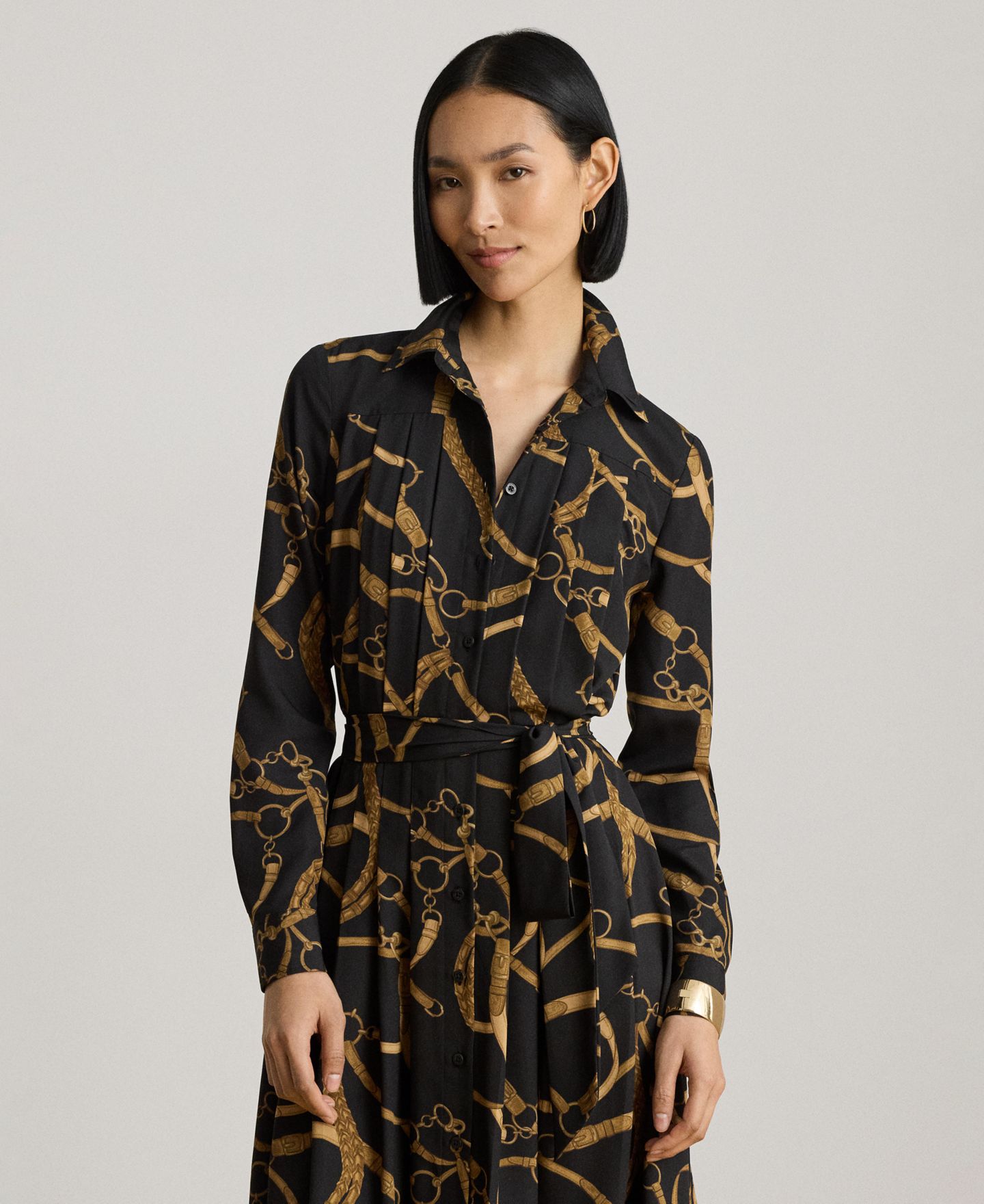 Женское платье Lauren Ralph Lauren Belting Print Pleated Shirt Dress, цвет: Чёрный / Рыжевато-коричневый — фото 3
