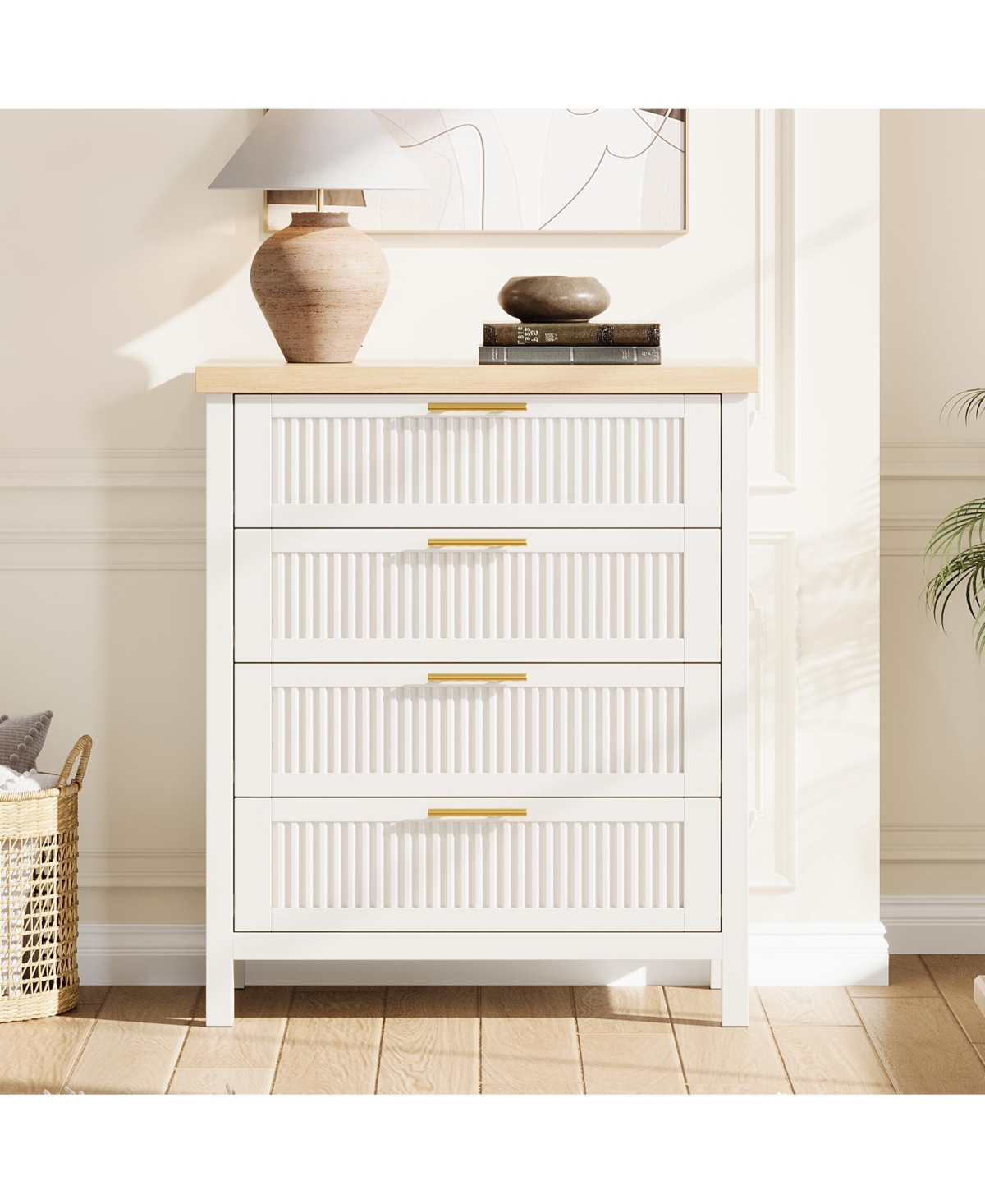 homfan Fluted Drawers Dresser, 30 Inch Wood Chest of Drawers with 4 Drawers for Bedroom, Living Room - White