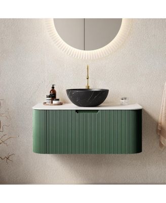 Wall-Mounted Bathroom Vanity with Ceramic Sink, Sintered Stone Top, Soft Close Drawer, Pre-Assembled Stripe Cabinet
