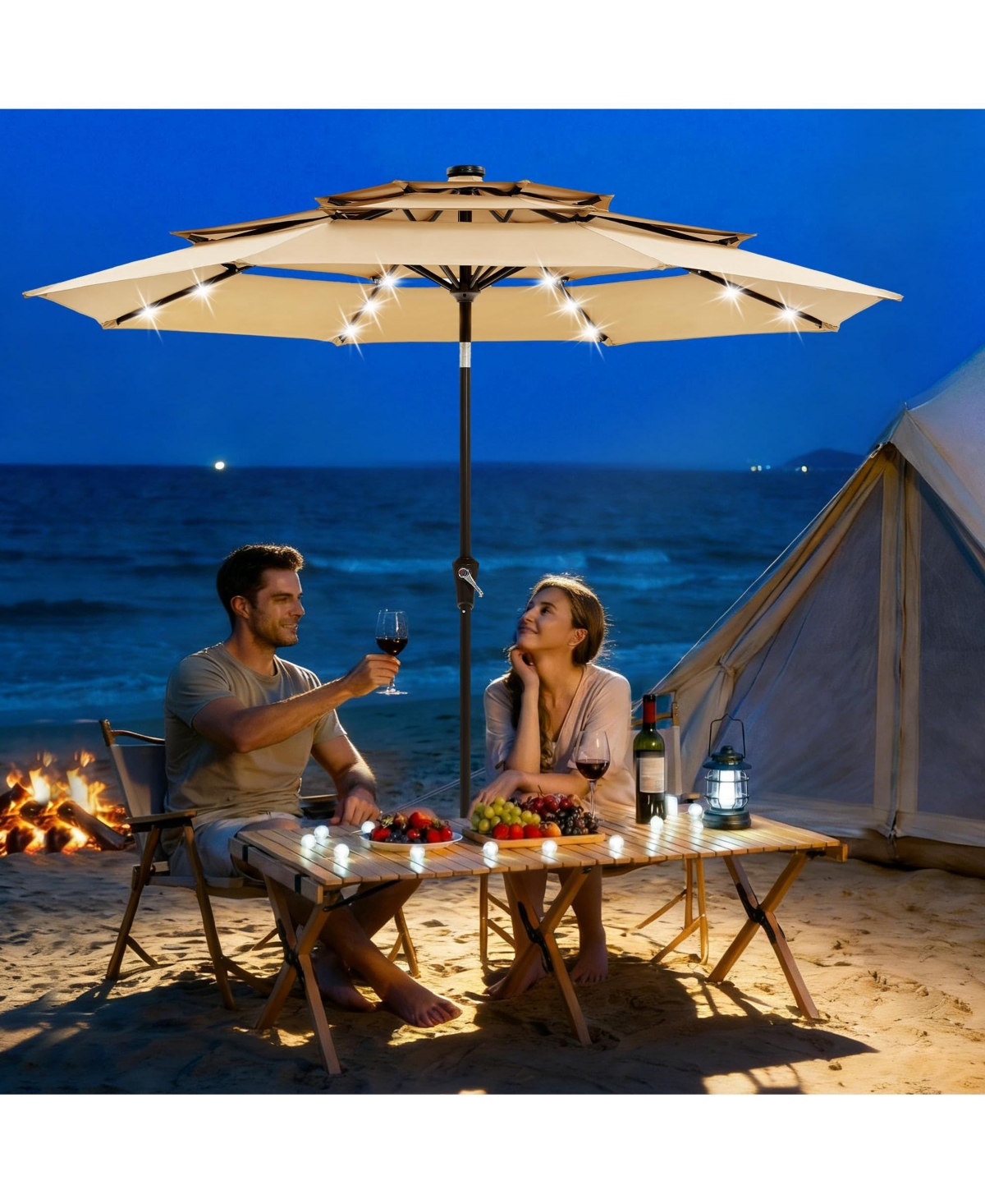 homfan Solar Led Outdoor Patio Umbrella, Ventilated Canopy, Tilt and Crank System, 8 Stable Ribs, for Pool, Deck Garden