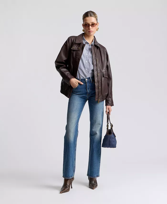 Women's Leather Bomber Coat - thumbnail 2