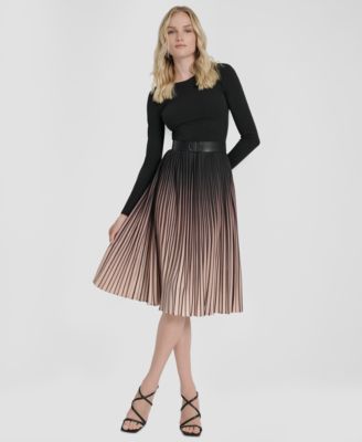 Women's Pleated Jewel Neck Belted Midi Dress