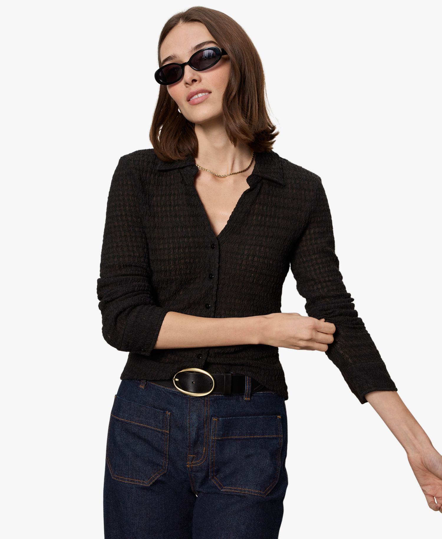 Petite Juno Textured Long-Sleeve Spread Collar Shirt