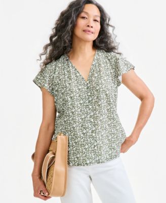 Women's Floral-Print Short-Flutter-Sleeve Cotton-Blend Blouse