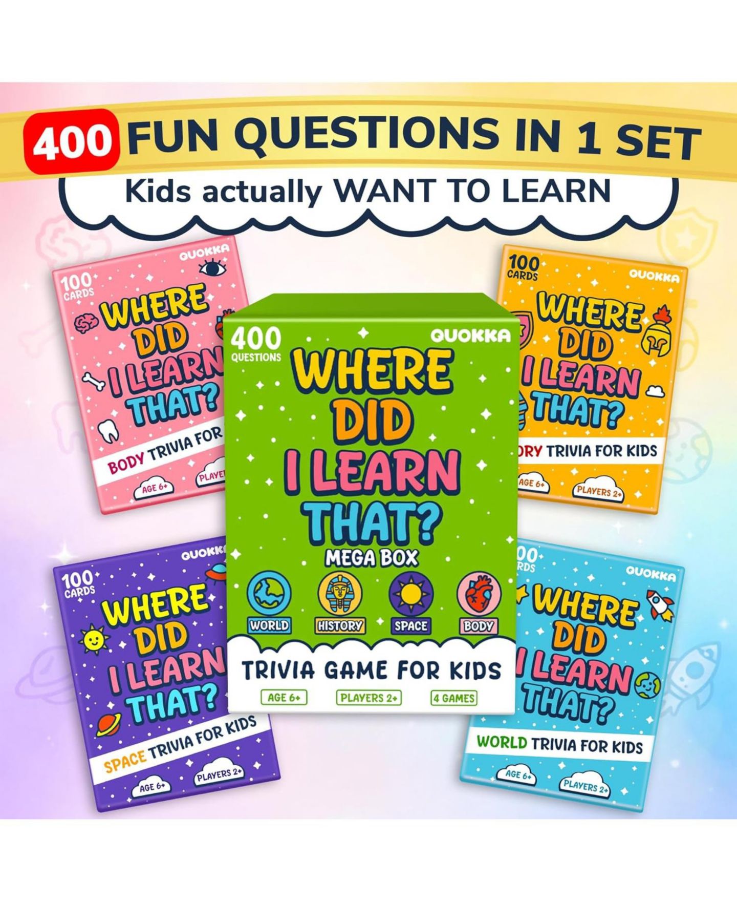 Детская карточная игра Quokka Educational Trivia Card Game, 100 Cards, Ages 4+, цвет: 4set World, Space, History — фото 2