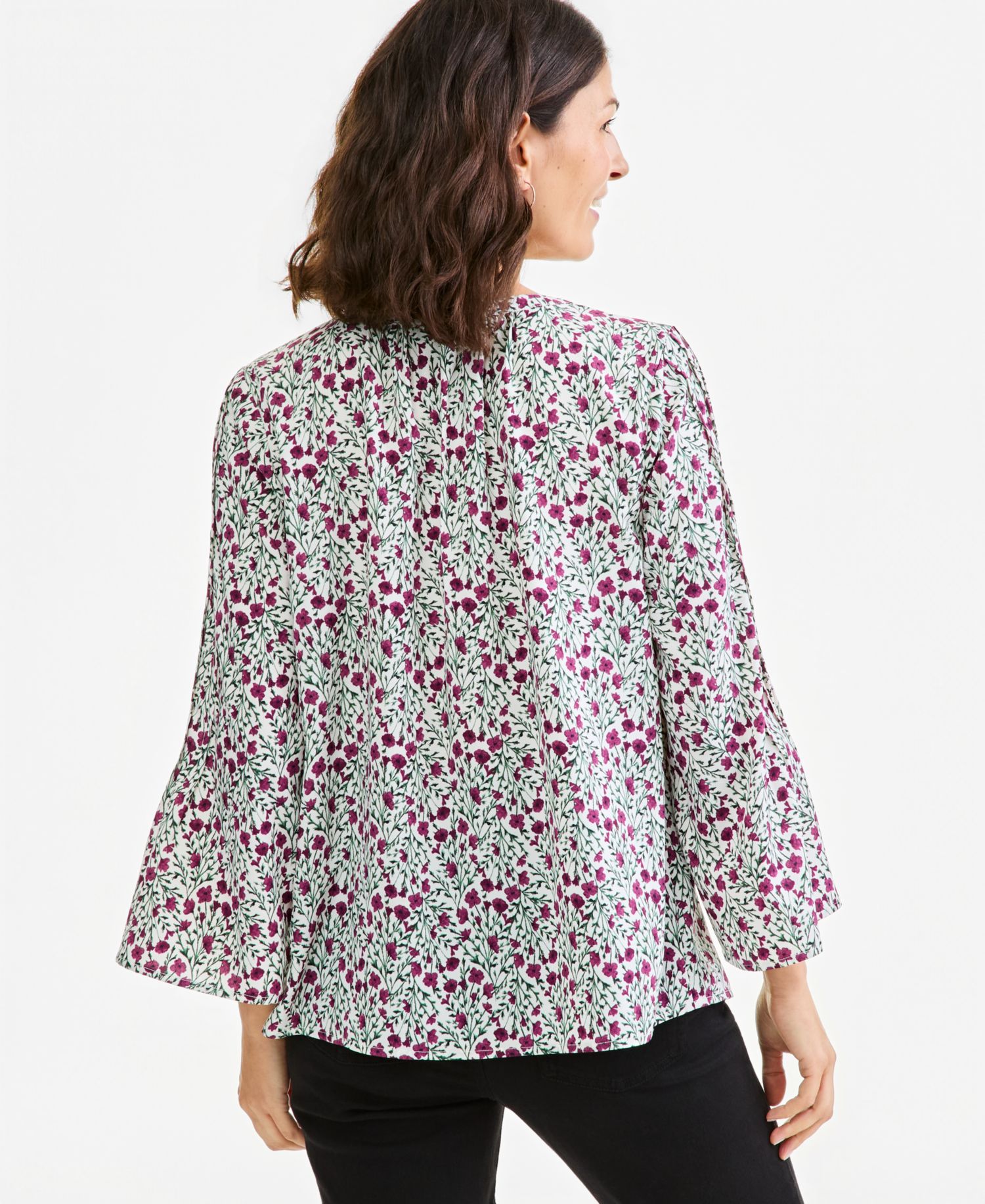 Plus Printed Bell-Sleeve Pintuck Blouse
