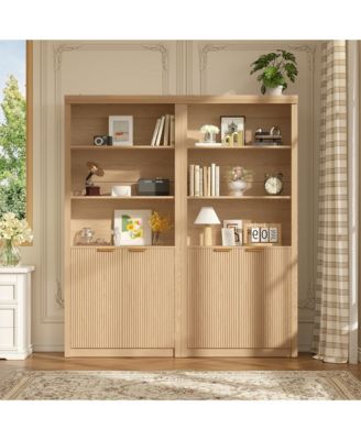 2 Set of Modern Tall Wooden Bookcase with 5 Adjustable Compartments and Doors, Freestanding Shelf with Ample Storage for Home Office