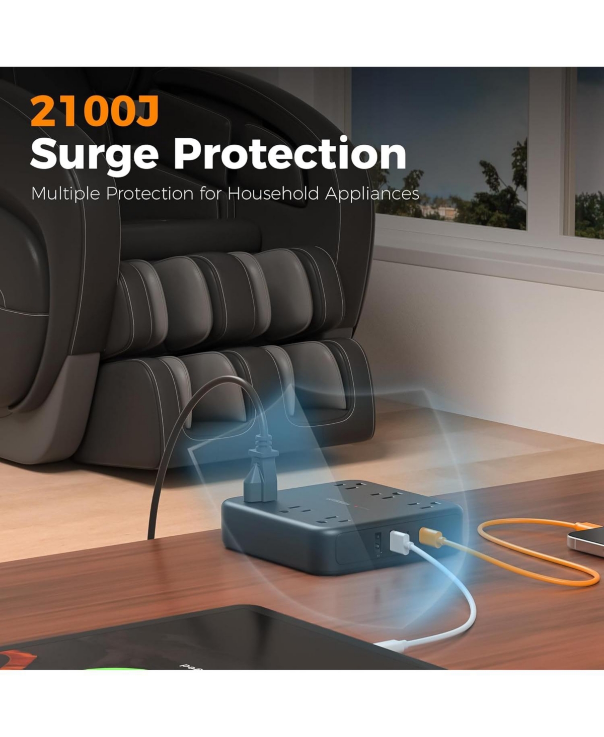 Tessan Extension Cord with Fast Charger, Surge Protector Power Strip with 6 Outlets and 4 Usb Ports (2 Usb C), 2100 Joules Protection, Flat Plug