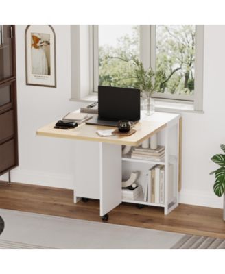 Folding Drop Leaf Table, 2-Tier Storage Shelf with Lockable Casters, Heavy Duty Multi-use Home Dining and Writing Desk