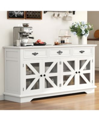 Farmhouse Sideboard with Charging Station, 3 Drawers and 4 Doors, Adjustable Shelf Storage Coffee Bar for Home Use
