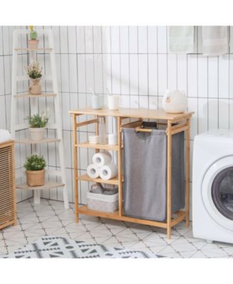 Bamboo Laundry Hamper Stand with Sliding Bag and 3-Tier Open Shelves
