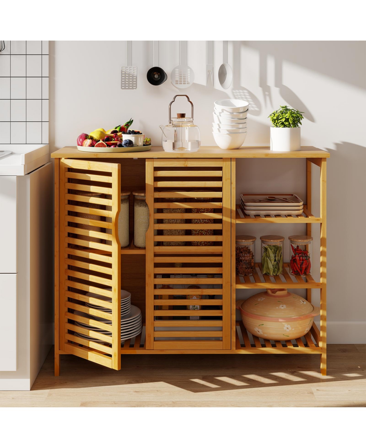 sumyeg Bamboo Bathroom Storage Cabinet with Double Doors and Shelves