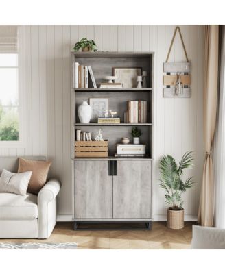  Tall 5-Tier Farmhouse Industrial Bookcase with Doors and Metal Base, Wooden Unit with Adjustable Shelf and Cabinet for Office