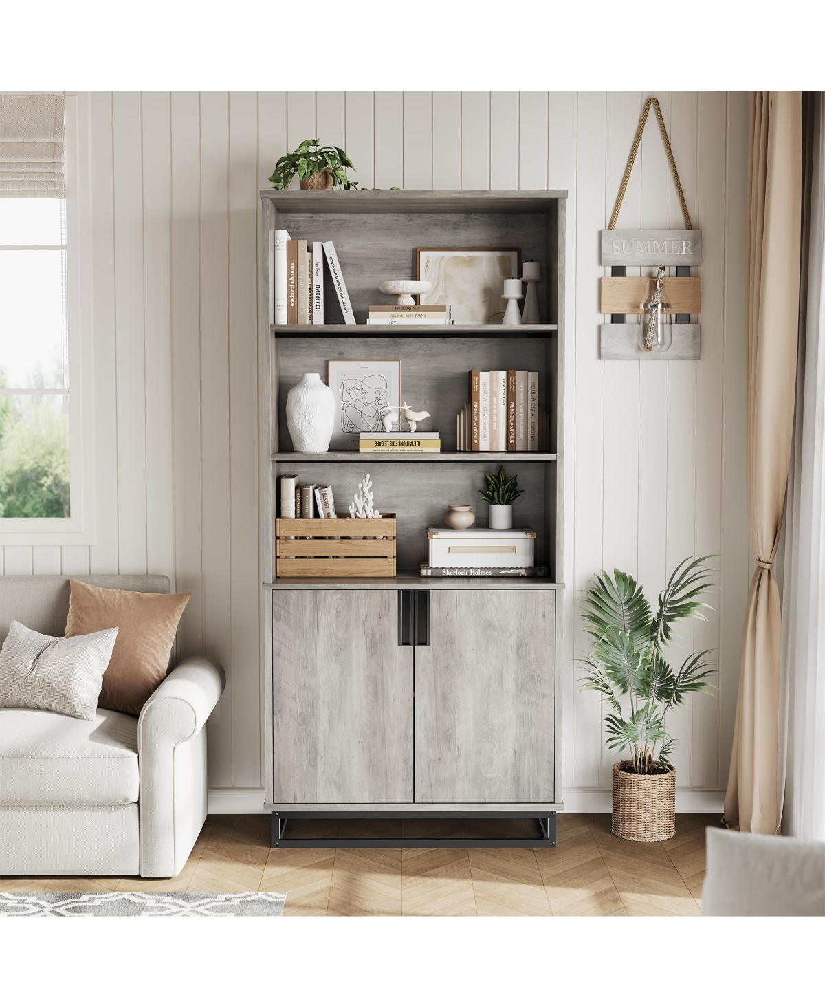 homfan Tall 5-Tier Farmhouse Industrial Bookcase with Doors and Metal Base, Wooden Unit with Adjustable Shelf and Cabinet for Office