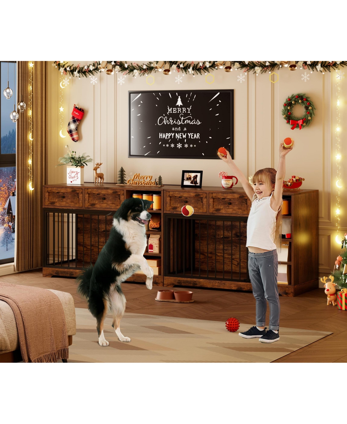 homfan Furniture-Style Dog Crate End Table or Tv Stand, Engineered Wood and Reinforced Iron Bar Pet Cage with Storage, Easy Assembly