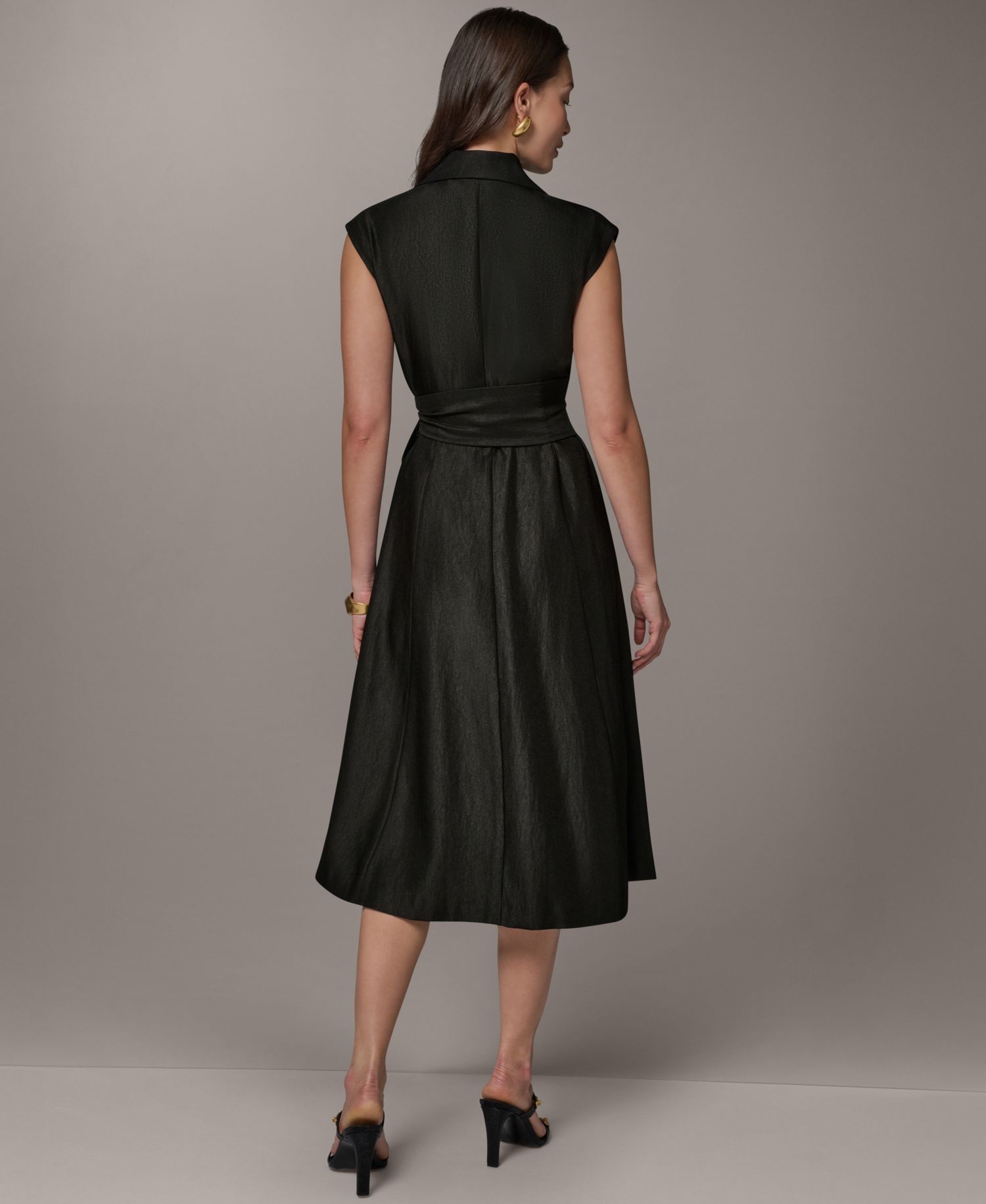 Women's Cap-Sleeve Collared with Self-Tie Belt Shirt Dress