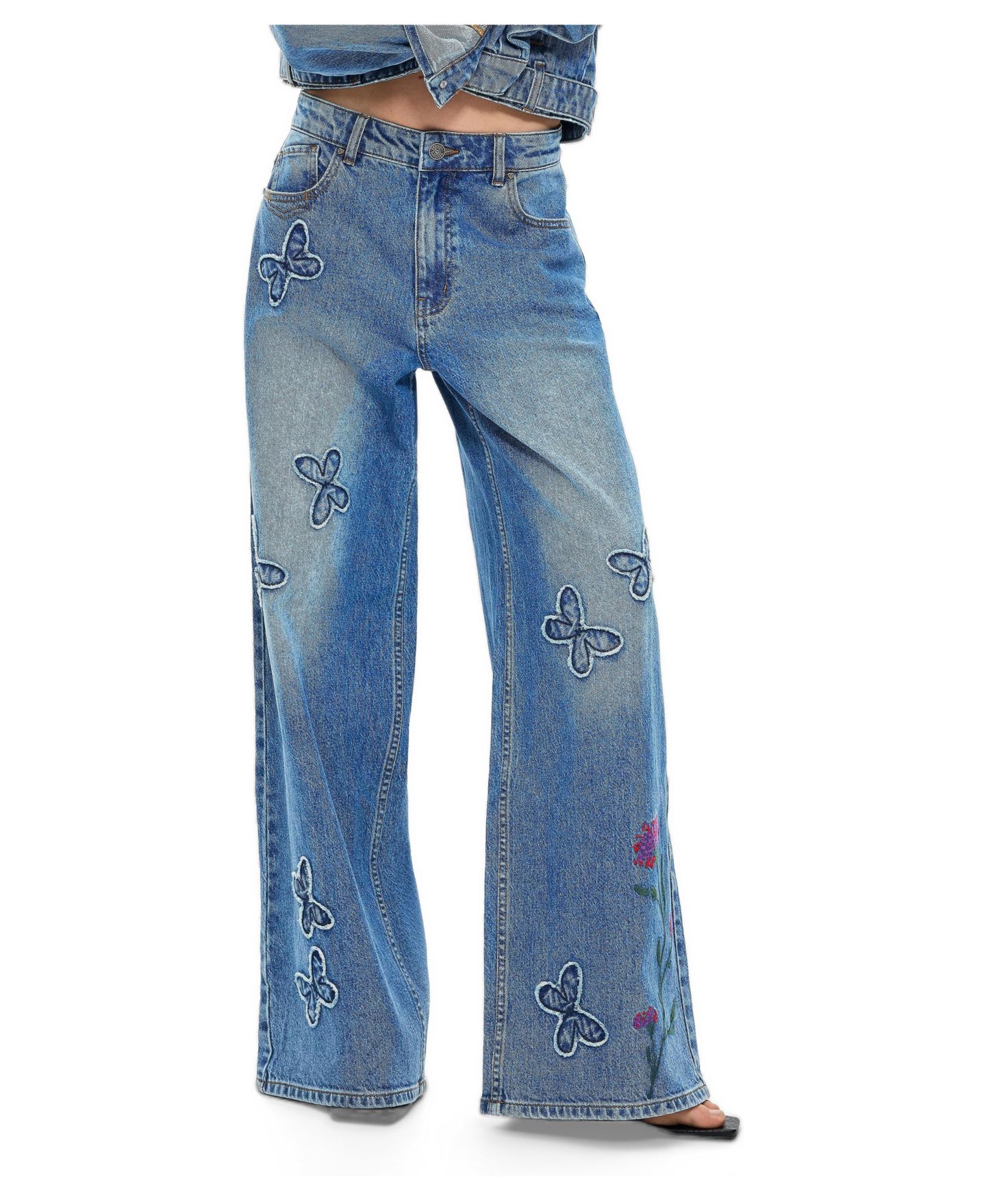 Женские джинсы Desigual Wide-leg with butterflies, цвет: Средний синий — фото 2