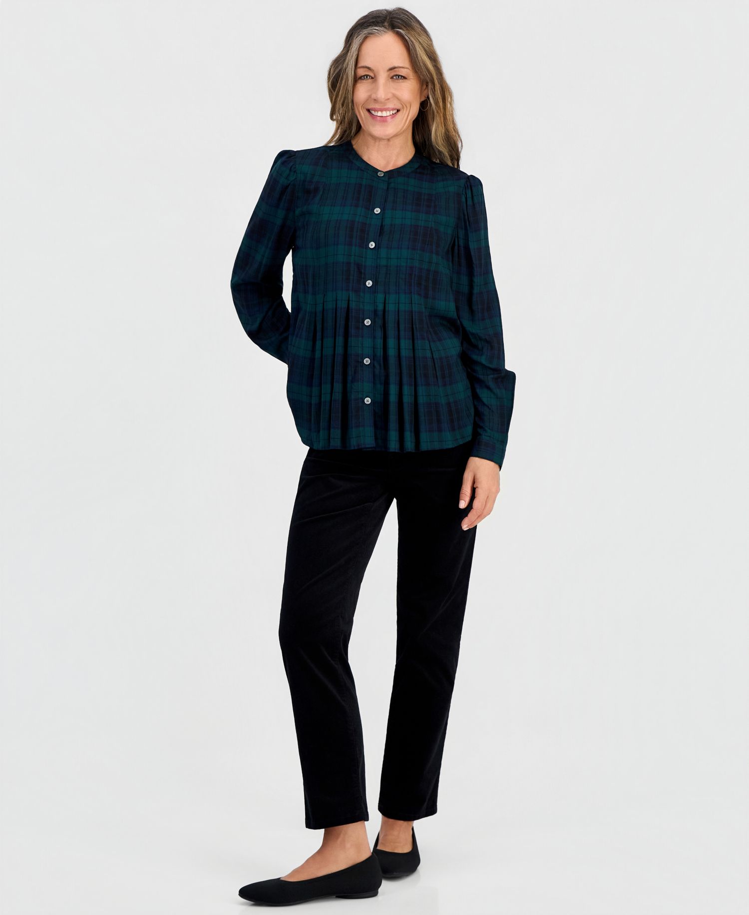 Petite Scott Plaid Button-Up Pleated Blouse